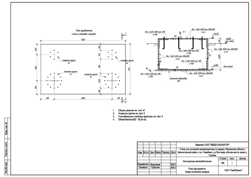 Конструкции железобетонные - план фундамента и схема установки анкеров